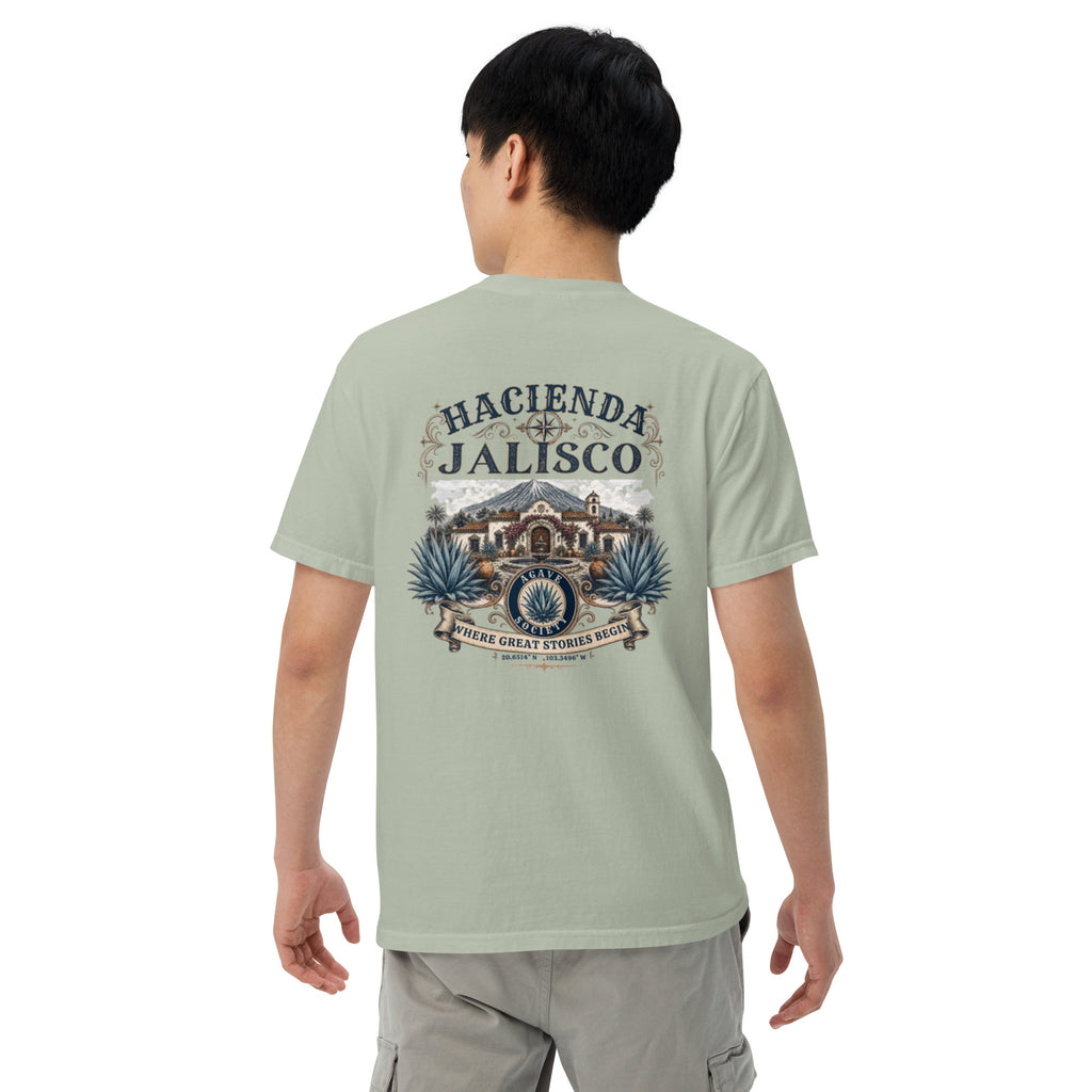 Hacienda Jalisco Crest Series tequila T-shirt back with vintage hacienda, agave, and Jalisco crest artwork in Bay