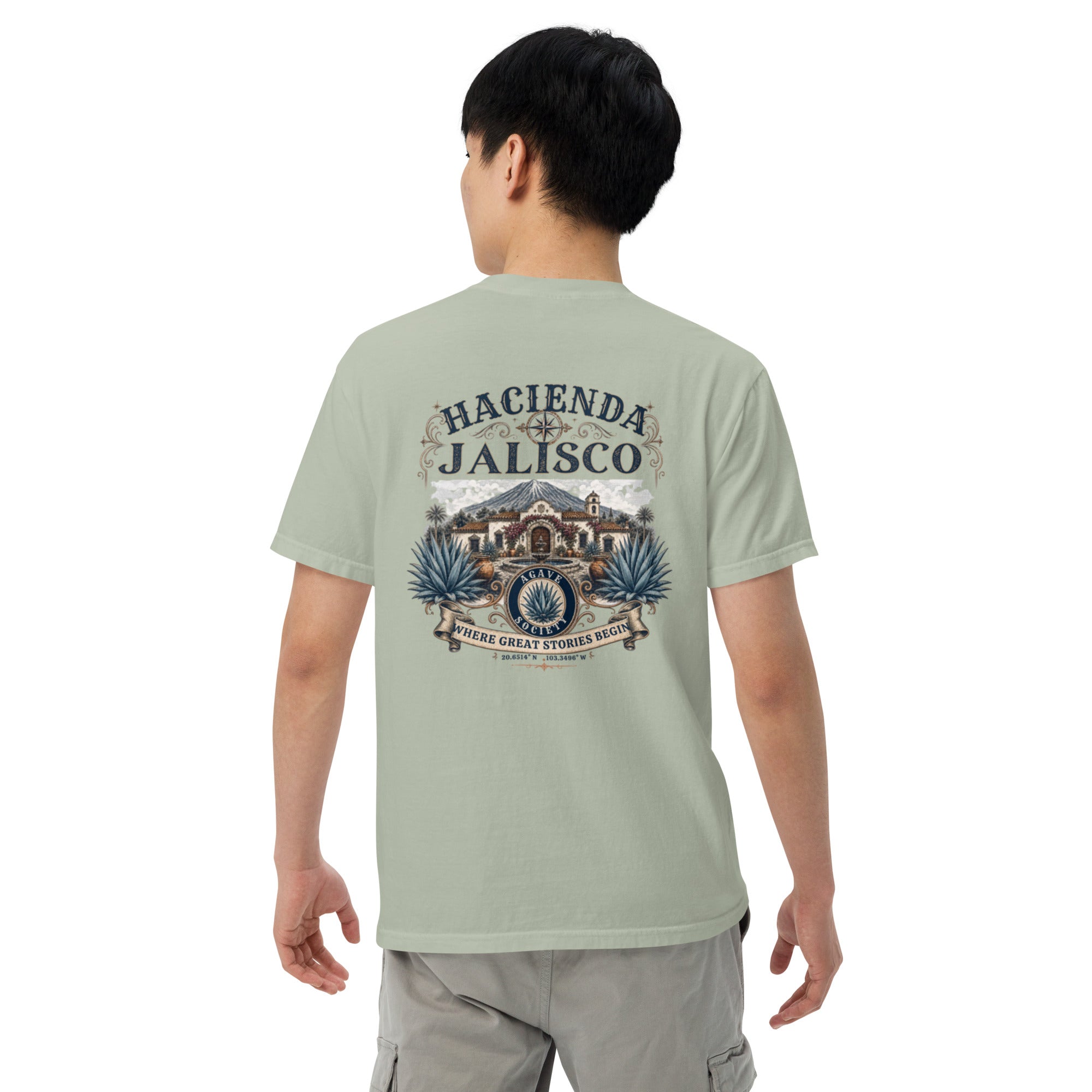 Hacienda Jalisco Crest Series tequila T-shirt back with vintage hacienda, agave, and Jalisco crest artwork in Bay