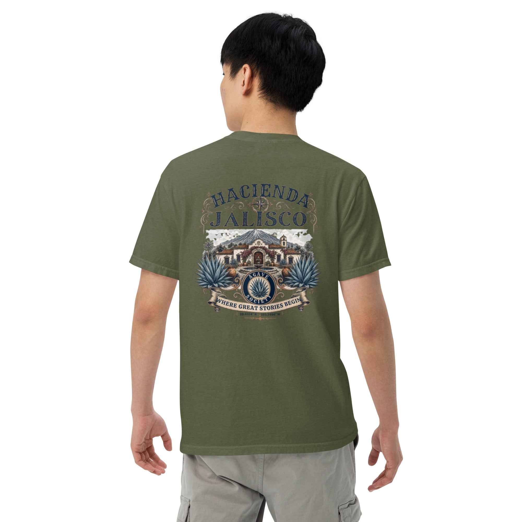 Hacienda Jalisco Crest Series tequila T-shirt back with vintage hacienda, agave, and Jalisco crest artwork in Hemp