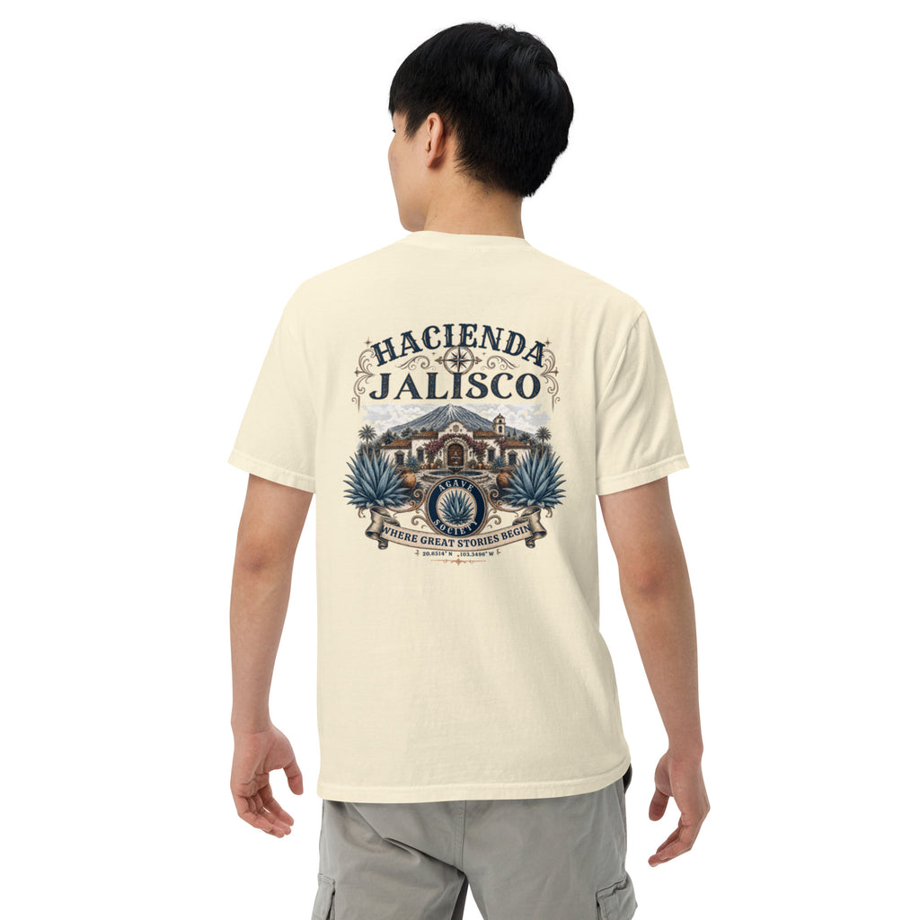 Hacienda Jalisco Crest Series tequila T-shirt back with vintage hacienda, agave, and Jalisco crest artwork in Ivory