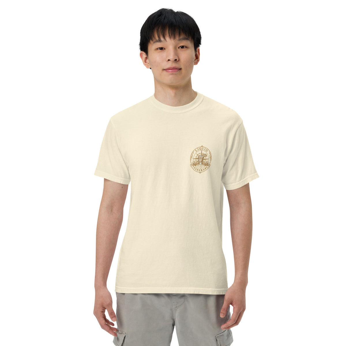 Hacienda Jalisco Crest Series tequila T-shirt front with Agave Society left chest badge in Ivory