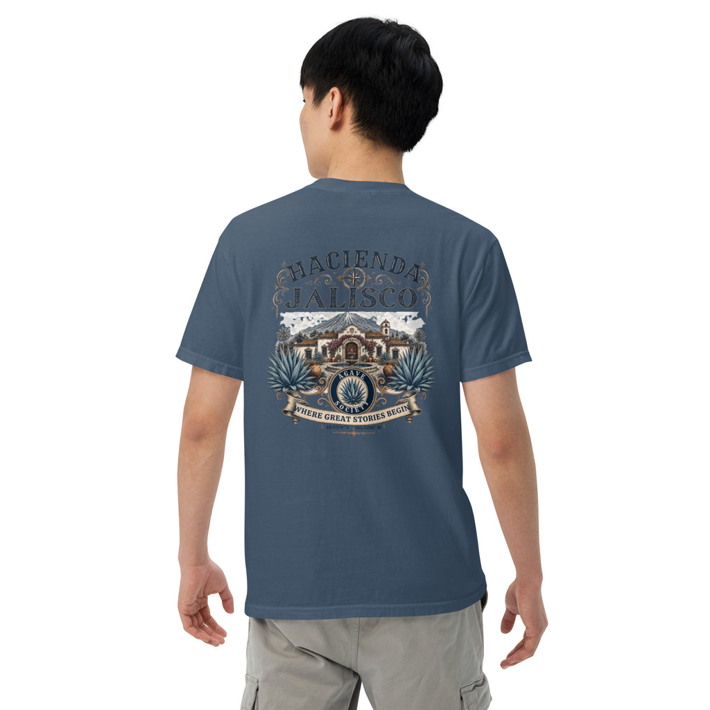 Hacienda Jalisco Crest Series tequila T-shirt back with vintage hacienda, agave, and Jalisco crest artwork in Midnight