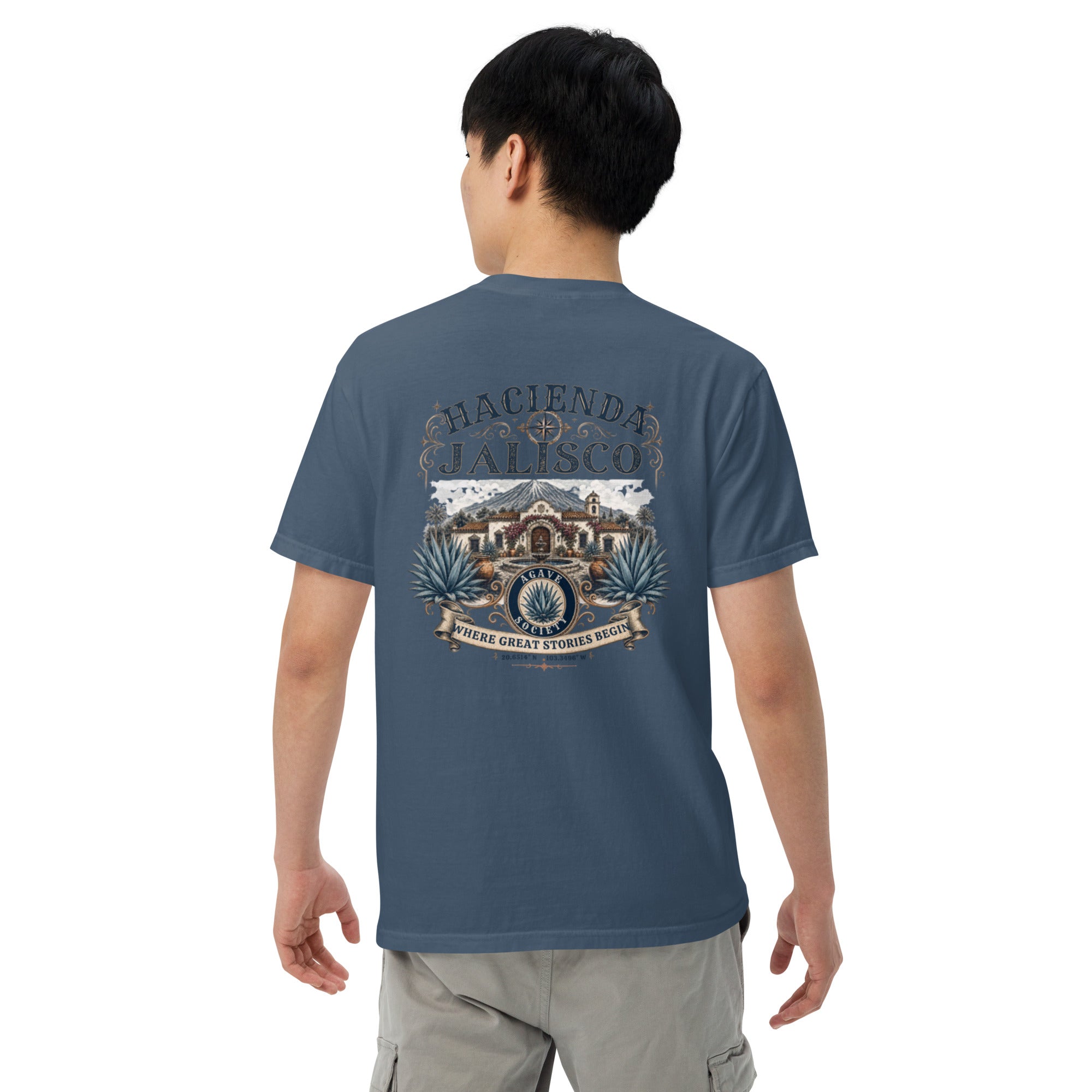 Hacienda Jalisco Crest Series tequila T-shirt back with vintage hacienda, agave, and Jalisco crest artwork in Midnight
