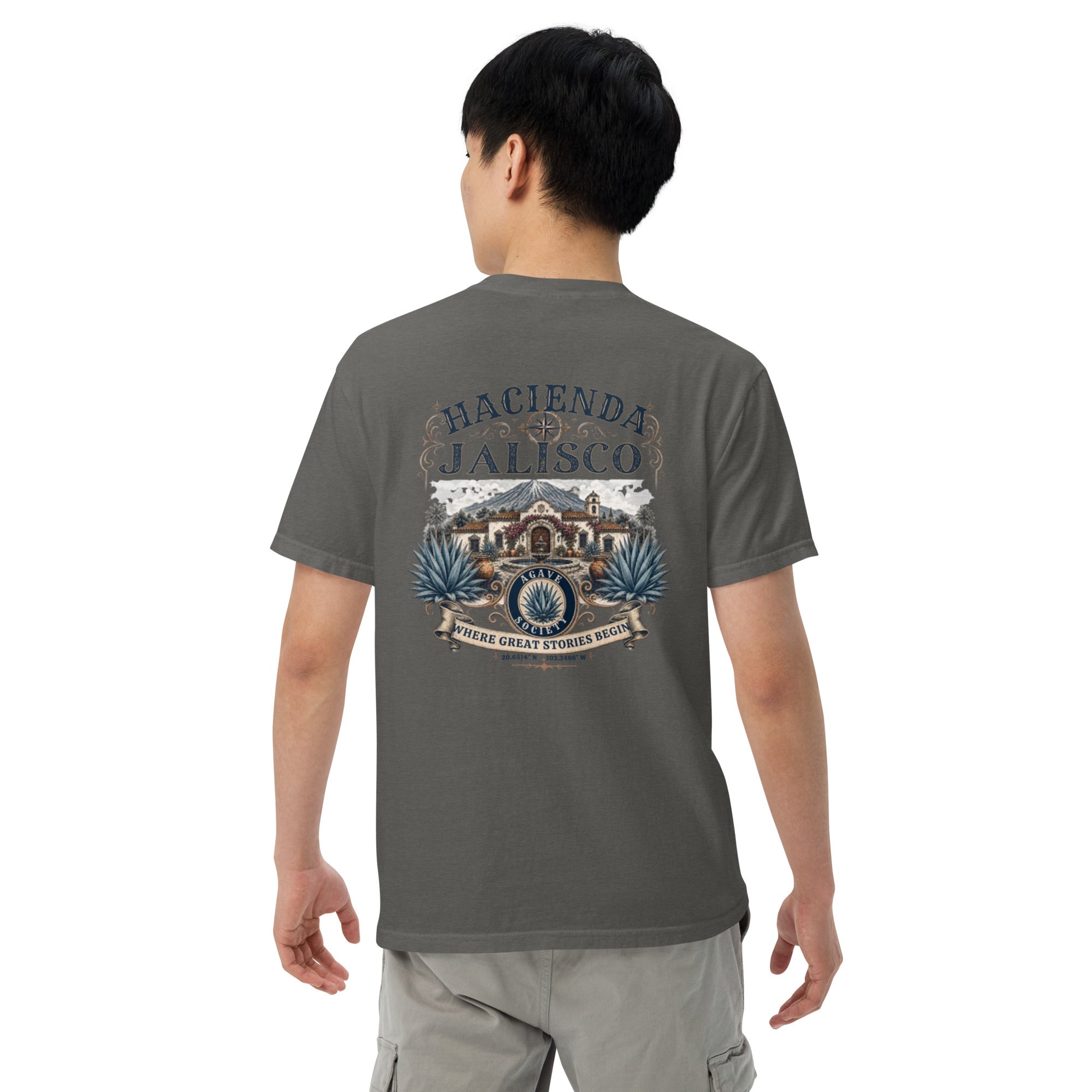 Hacienda Jalisco Crest Series tequila T-shirt back with vintage hacienda, agave, and Jalisco crest artwork in Pepper