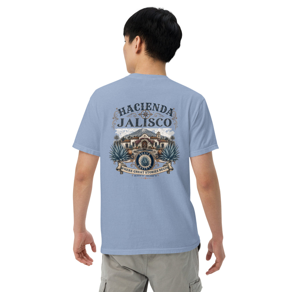 Hacienda Jalisco Crest Series tequila T-shirt back with vintage hacienda, agave, and Jalisco crest artwork in Washed Denim