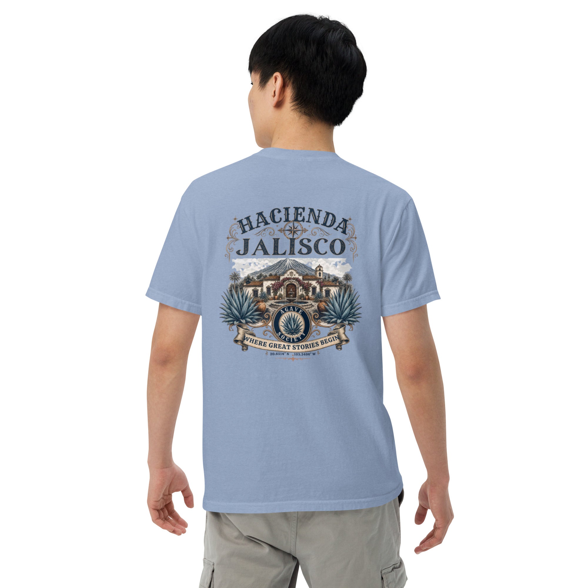 Hacienda Jalisco Crest Series tequila T-shirt back with vintage hacienda, agave, and Jalisco crest artwork in Washed Denim