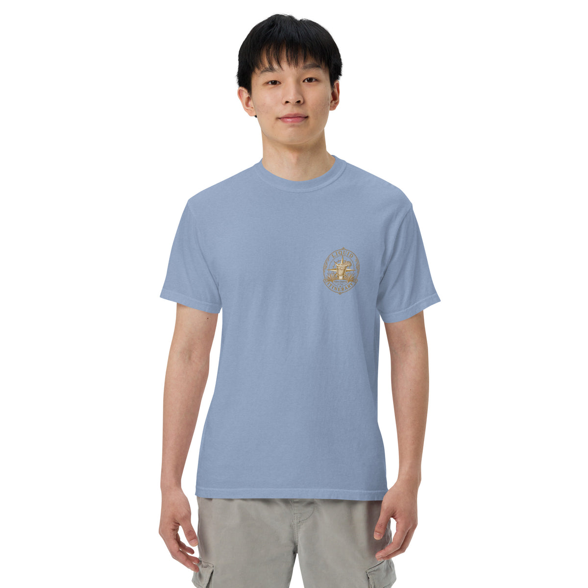 Hacienda Jalisco Crest Series tequila T-shirt front with Agave Society left chest badge in Washed Denim