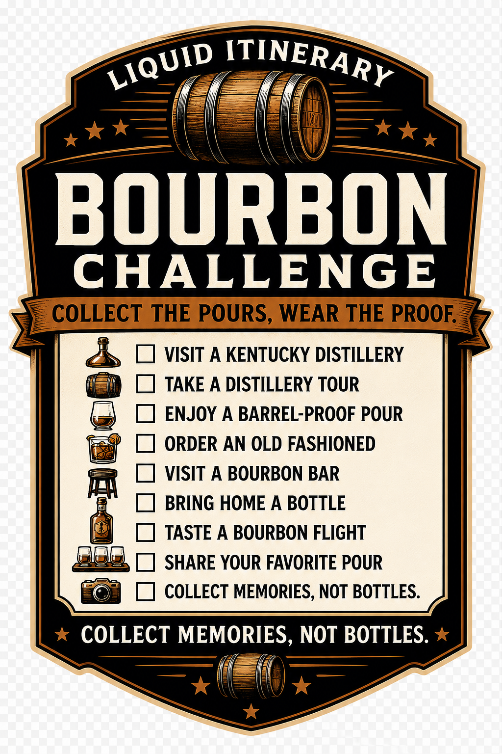 Liquid Itinerary Bourbon Challenge badge with readable challenge checklist