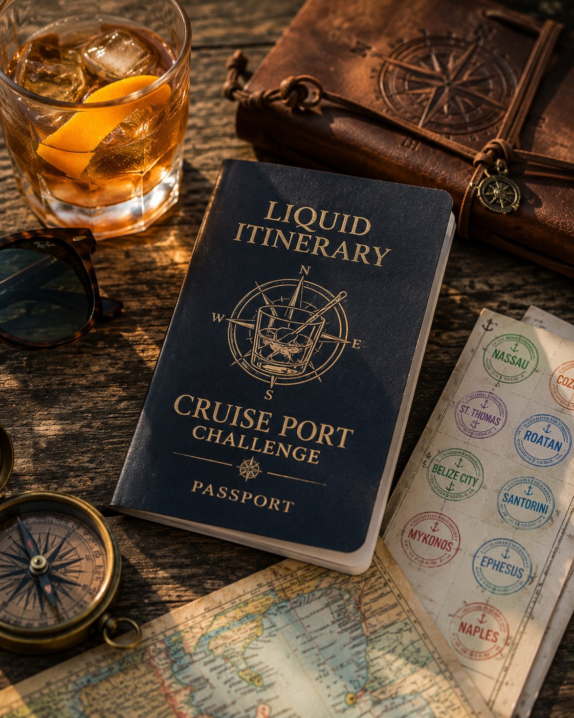 The Liquid Itinerary Cruise Port Passport with tickets and a glass of whiskey
