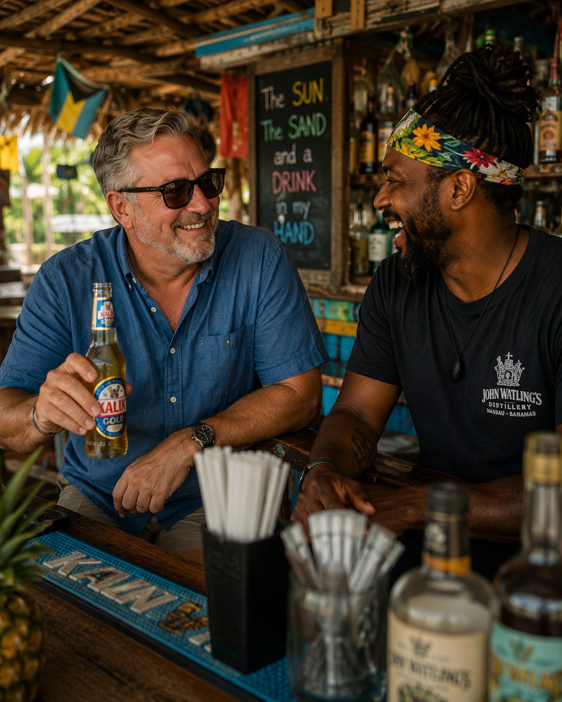A traveler sharing a drink with a local at a Caribbean beach bar