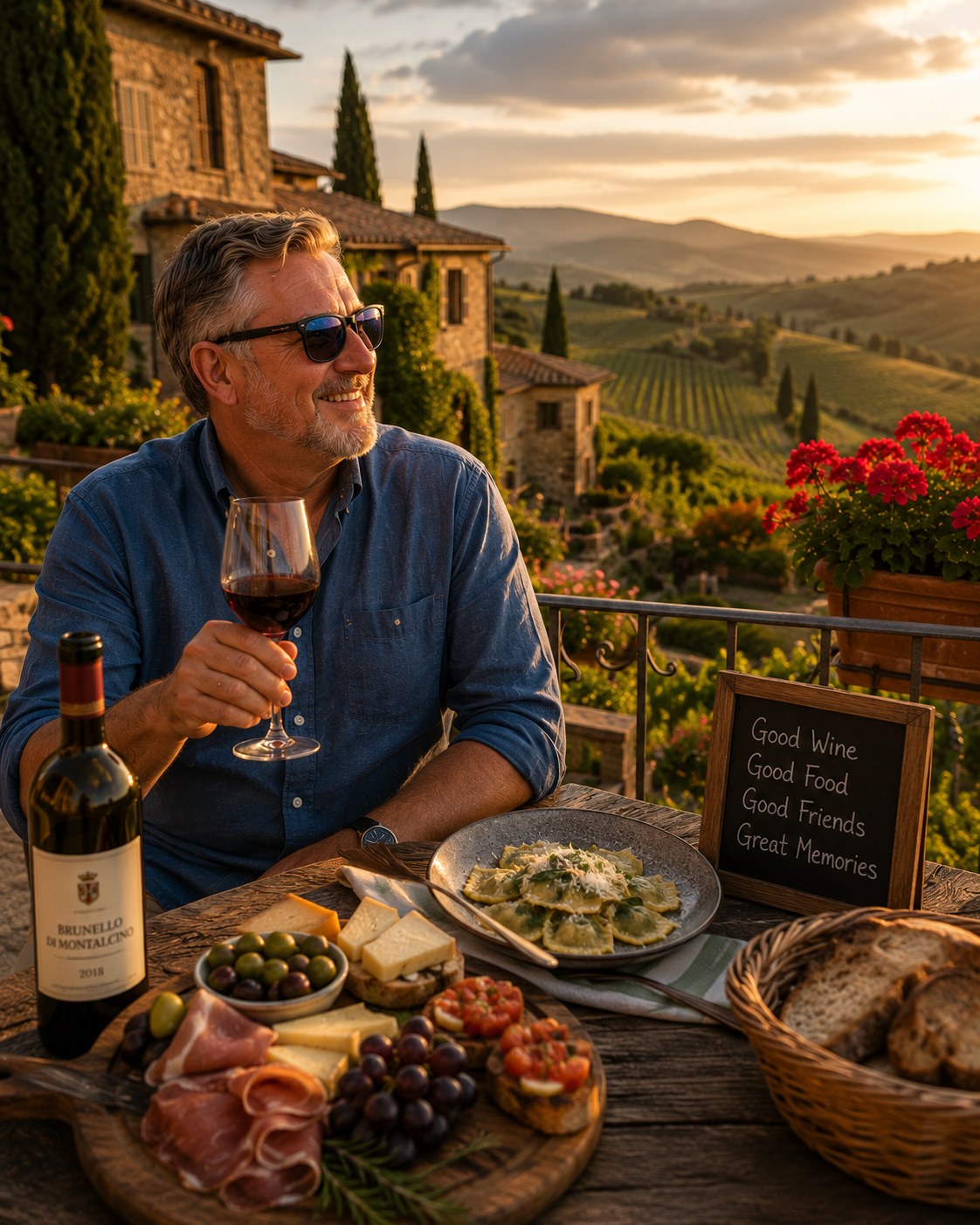 A Tuscan vineyard in golden afternoon light